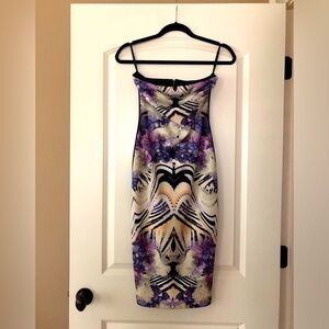 Bebe purple printed strapless dress, size S